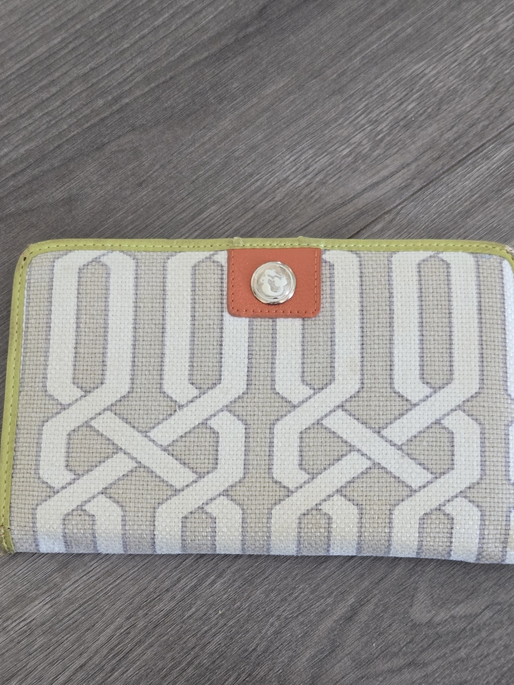 Spartina 449 Beige and White Patterned Wallet with Lime Trim and Orange Tab